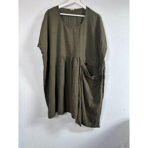 Apuntob Womens Olive Green Checkered Oversized Tunic Top Pocket Artsy Lagenlook